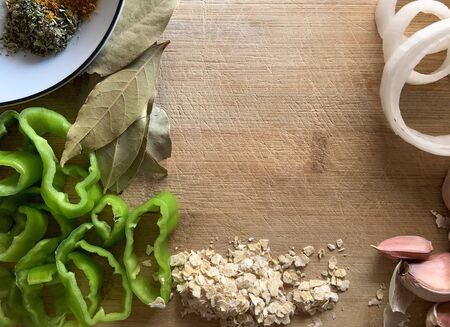 Laurel And Spices Top View. Mediterranean Wooden Food Table. Copyspace Vegetable Table.の写真素材