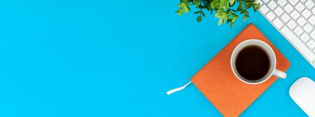 A Minimal work space - Creative flat lay photo of workspace desk. Top view office desk with laptop,...