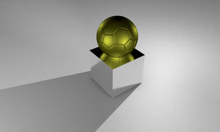 A golden soccer ball on reflective counter. Illustration generated in 3d.の写真素材