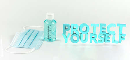 Hydroalcoholic gel and mask with protect yourself text. 3d illustration.
