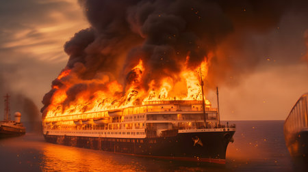 fire has broken out on a cruise ship, prompting an emergency response from the crew and passengers. AI generated.の素材