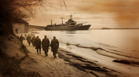 Vintage photo of people walking along the beach with a ship in the backgroundの素材