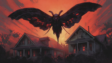Mothman over the small American town. Illustration based on the urban legend of Point Pleasant. Ai Generated.の素材