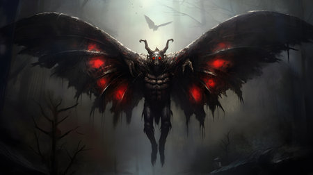 Mothman over the small American town. Illustration based on the urban legend of Point Pleasant. Ai Generated.の素材
