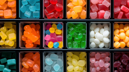 An assortment of different colored chewy candies in square trays. AI Generatedの素材