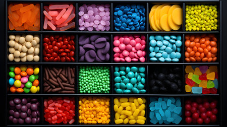 An assortment of different colored chewy candies in square trays. AI Generatedの素材