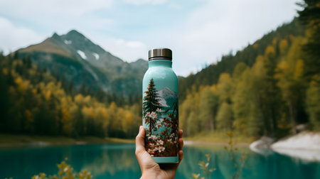 Close-up of female hand holding reusable, steel thermo shiny bottle for water, on the background of clear water of a lake with a turquoise hue. Copyspace concept. AI Generatedの素材