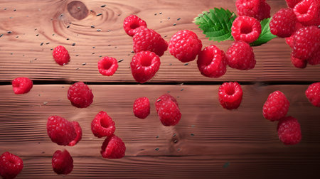 Raspberry on wooden table. AI Generatedの素材