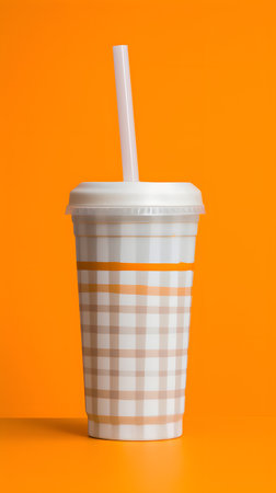 Plastic cup with drinking straw on orange background, close up.の素材