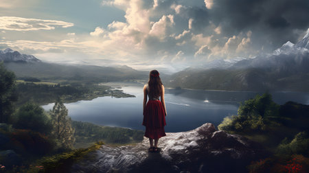 girl on a cliff with a huge lake in the background. AI Generatedの素材