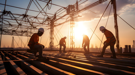 Silhouette workers construction of the extension of high-voltage towers. AI Generatedの素材