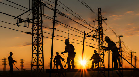 Silhouette workers construction of the extension of high-voltage towers. AI Generatedの素材