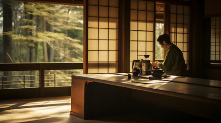 Photo of a person sitting at a table in a roomの素材