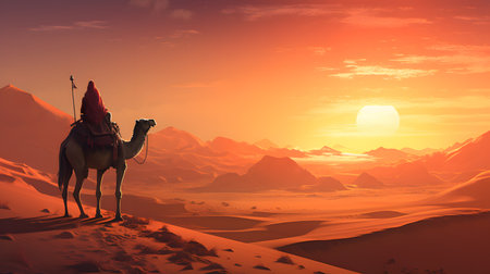 A man riding a camel across a desert at sunsetの素材