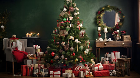 A beautifully decorated Christmas tree with presents underneath in a cozy living roomの素材