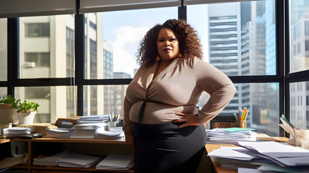 A confident plus-size woman showing her leadership skills as a manager or CEO in an office settingの素材