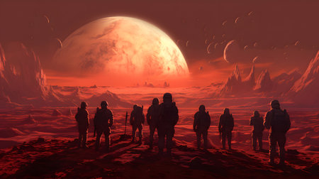 A group of people exploring the surface of Mars during a colonization missionの素材