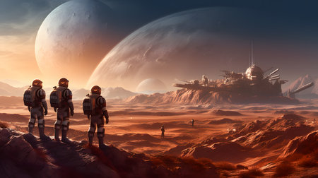 A group of explorers standing on the barren surface of Mars during a colonization missionの素材