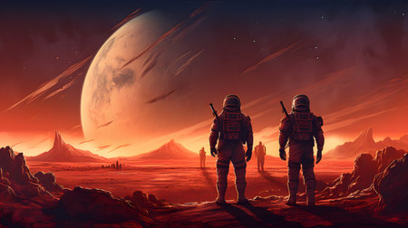 Two astronauts in space suits with a distant planet in the backgroundの素材
