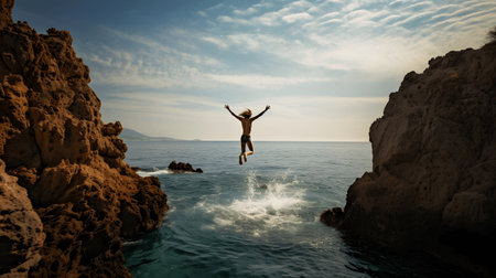 Young woman jumping from a rock into the sea. cliff jumpingの素材
