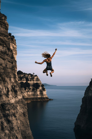 Young woman jumping from a rock into the sea. cliff jumpingの素材