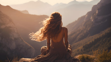 Hipster girl sitting in rocky mountainの素材