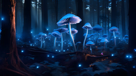 A cluster of vibrant blue mushrooms in a mystical forestの素材