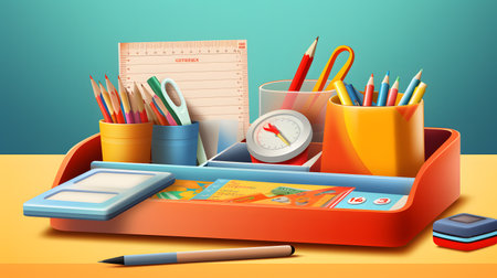 A well-organized desk with office supplies and a clockの素材