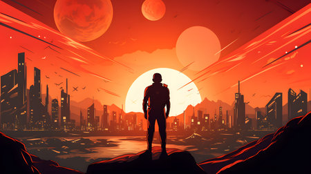 A man standing in front of a stunning sunset with a captivating cityscape in the backgroundの素材