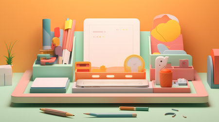 An organized desk with various office suppliesの素材