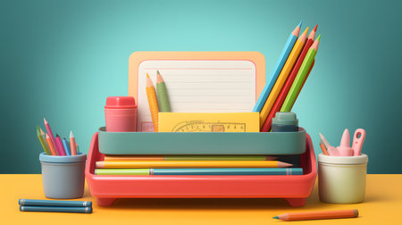 A colorful assortment of office supplies arranged in a cupの素材