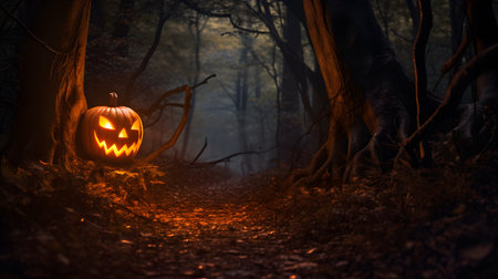 A spooky pumpkin in a mysterious forestの素材