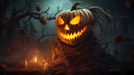 A spooky jack o lantern pumpkin on a bed of hay, perfect for Halloween decorationsの素材
