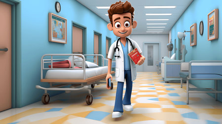 A doctor walking down a hospital hallwayの素材