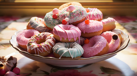 View of delicious glazed donutsの素材