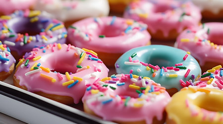 View of delicious glazed donutsの素材