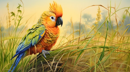 cute parrot lying on grassの素材