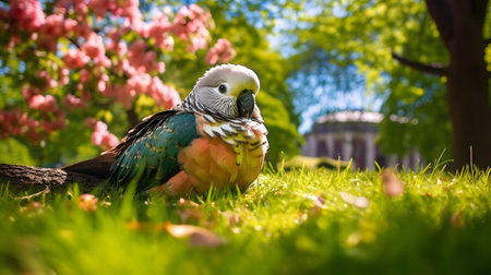 cute parrot lying on grassの素材