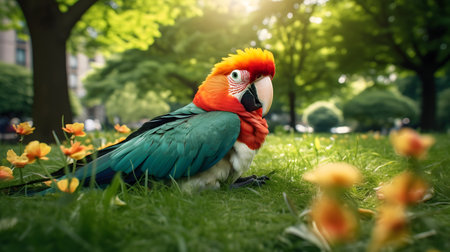 cute parrot lying on grassの素材