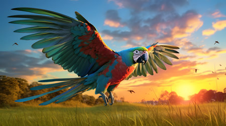 cute parrot lying on grassの素材