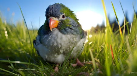 cute parrot lying on grassの素材