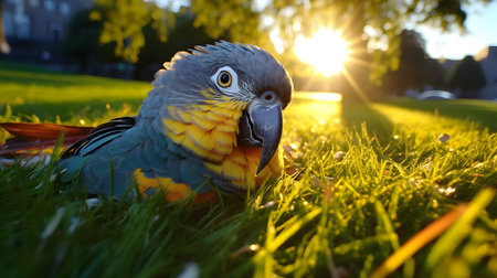 cute parrot lying on grassの素材