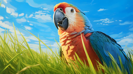cute parrot lying on grassの素材