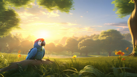 cute parrot lying on grassの素材
