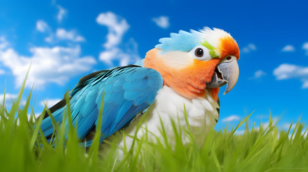 cute parrot lying on grassの素材