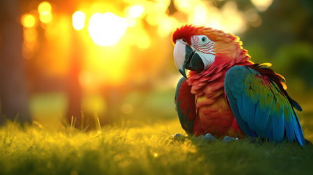 cute parrot lying on grassの素材