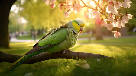 cute parrot lying on grassの素材