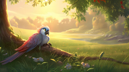cute parrot lying on grassの素材