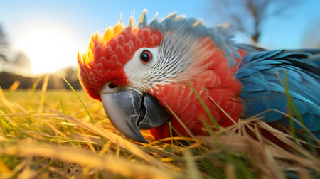 cute parrot lying on grassの素材