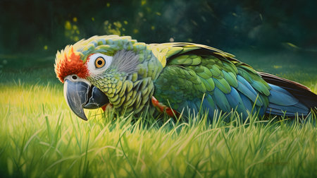 cute parrot lying on grassの素材